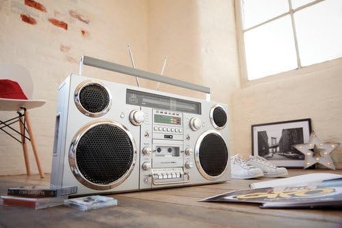 Silver Portable Boombox with CD Player Cassette Player FM Radio USB Bluetooth Speaker B7085