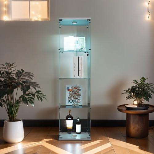 4-Tier Glass Display Cabinet with Metal Lock, 5mm Tempered Glass, 16.7" W x 14.3" D x 64.5" H W1986