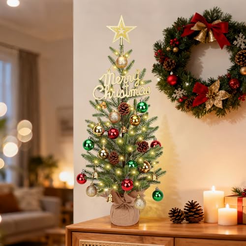 24-inch Mini Christmas Tree with 30 LED Lights & 26 Ornaments, PE Branch Tips & Cement Base E893929