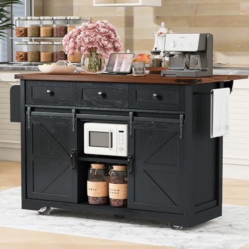 Rustic Kitchen Island With Power Outlet, Sliding Barn Doors, Drop Leaf, Drawers and Spice Rack H231543