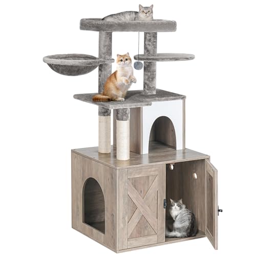 White Wooden Cat Litter Box Enclosure with Cat Tree Tower and Condo Y530