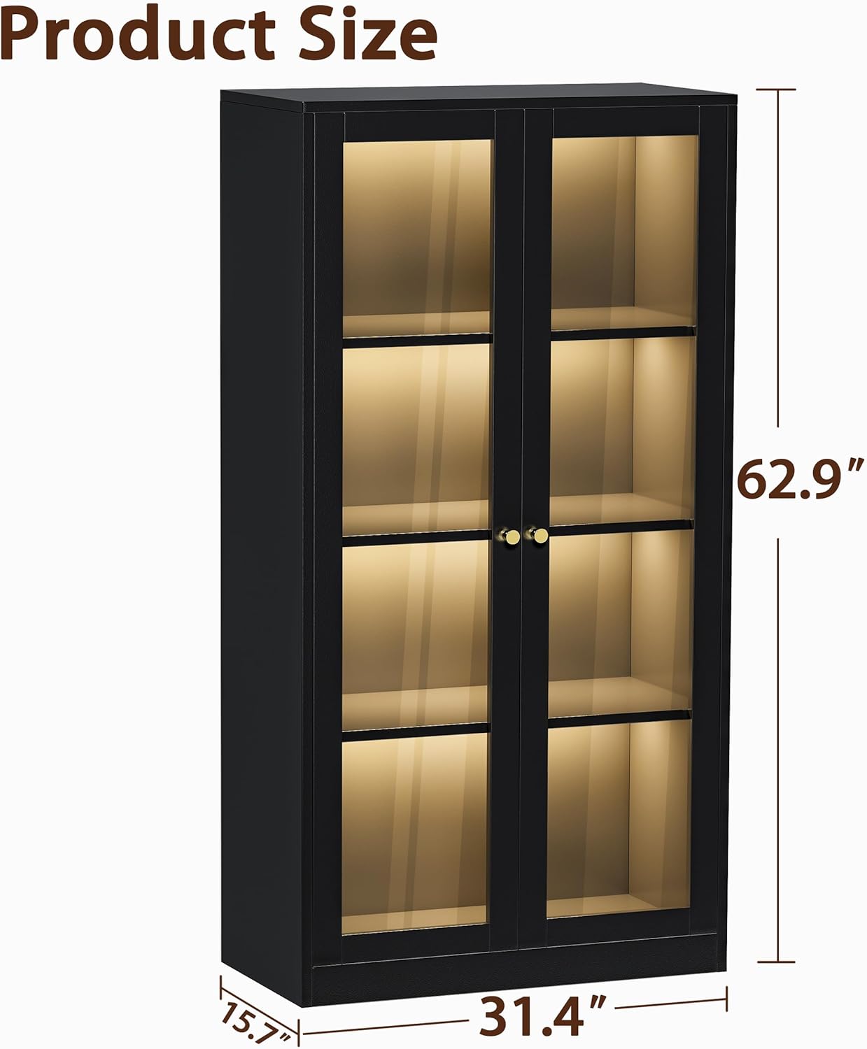Black Glass Display Cabinet with LED Light, 3 Adjustable Shelves T7327