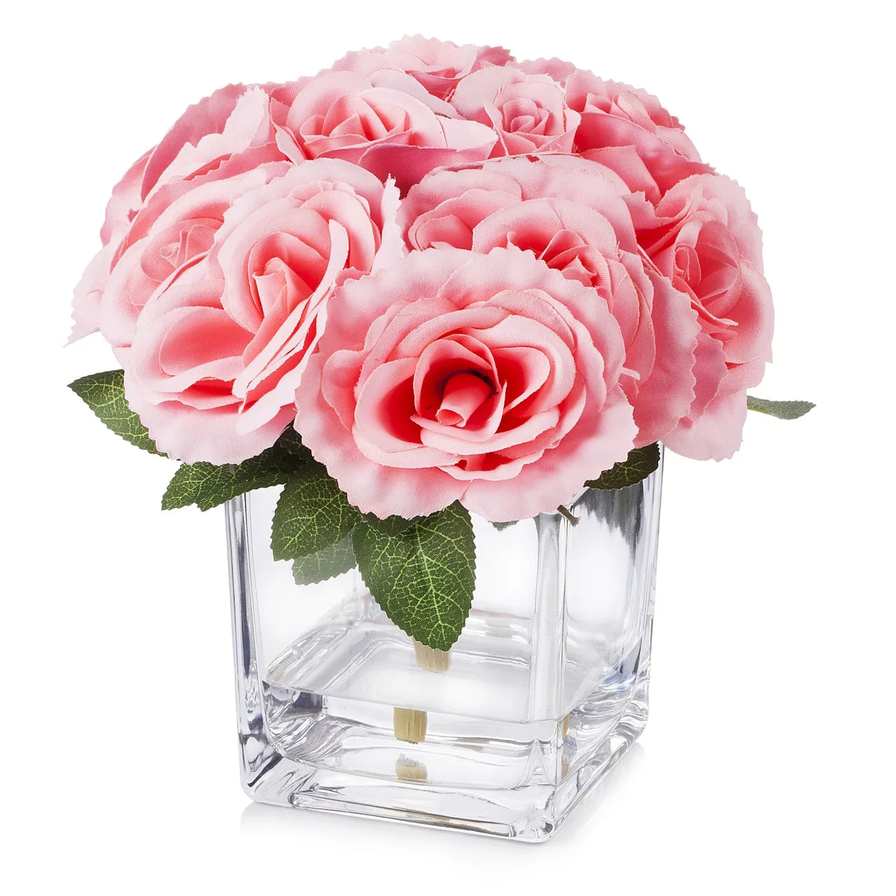 Pink Velvet Roses Artificial Flowers in Cube Glass Vase B934
