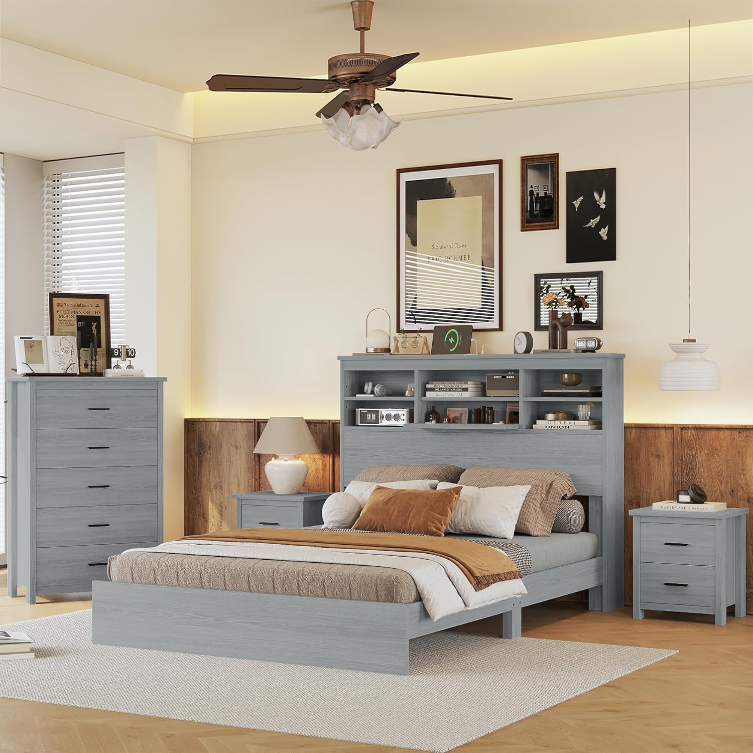 Queen Size Wooden Bed Frame with 2 Nightstands and 1 Dresser W366742