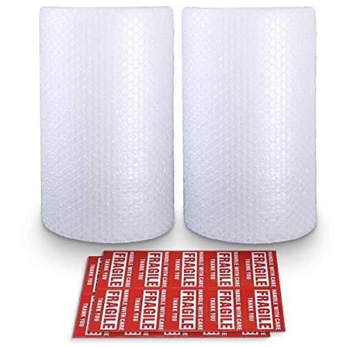 2-Pack Bubble Cushioning Nylon Wrap Rolls, 3/16" x 12" x 72' ft Total, Perforated Every 12", 20 Fragile Stickers C969
