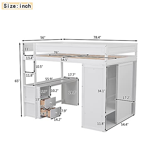 White Wooden Loft Bed with Storage Wardrobe and Desk C954