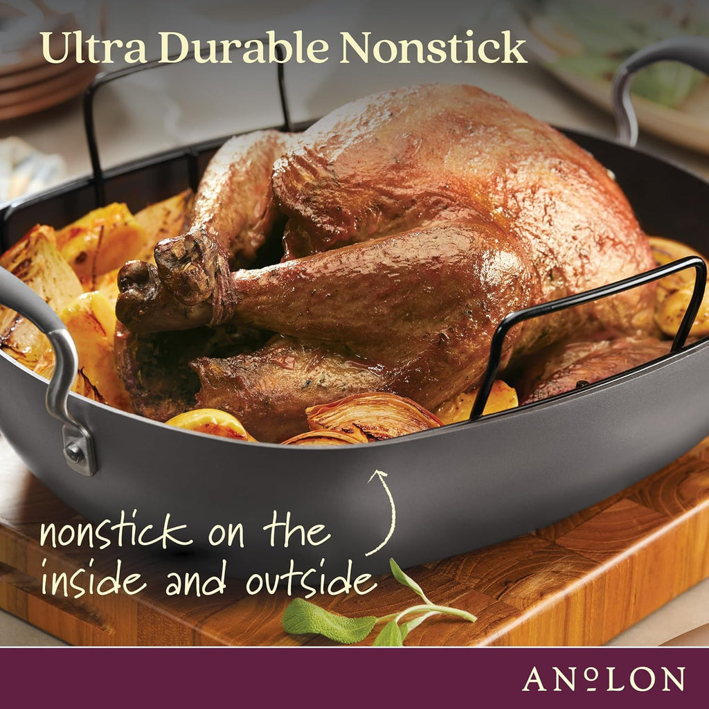 16 Inch x 13 Inch Hard Anodized Nonstick Roasting Pan with Rack Q66130