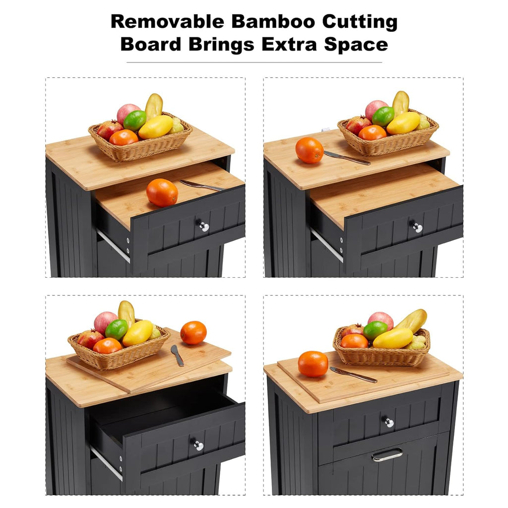 Black 10 Gallon Wood Trash Can Cabinet with Drawer & Cutting Board D4819