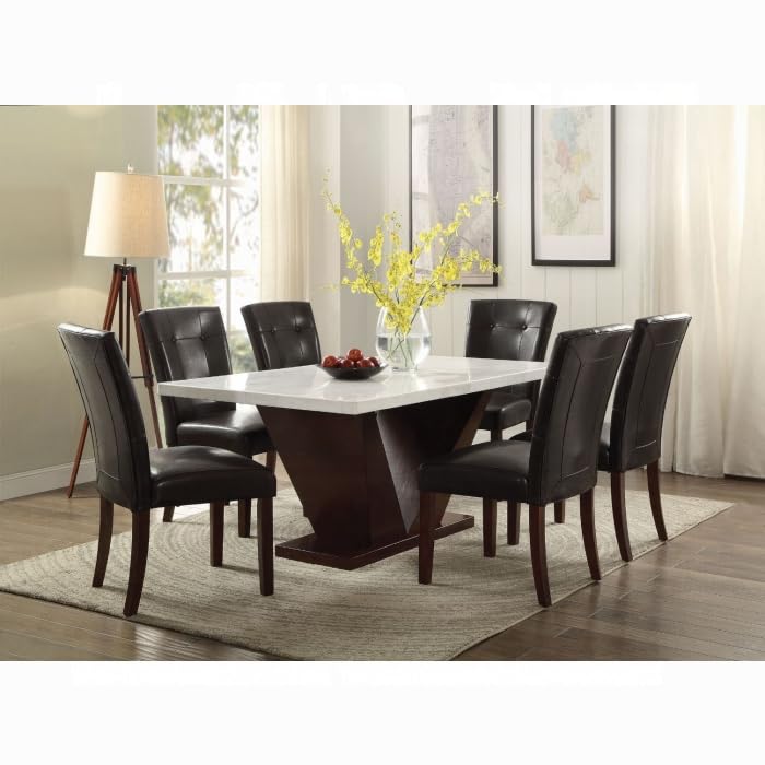 White Marble Top & Walnut Finish Wooden Dining Set Z24737