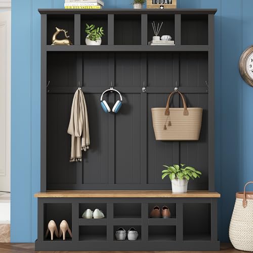 White 47.2'' Wood Hall Tree with Shoe Storage Bench O215