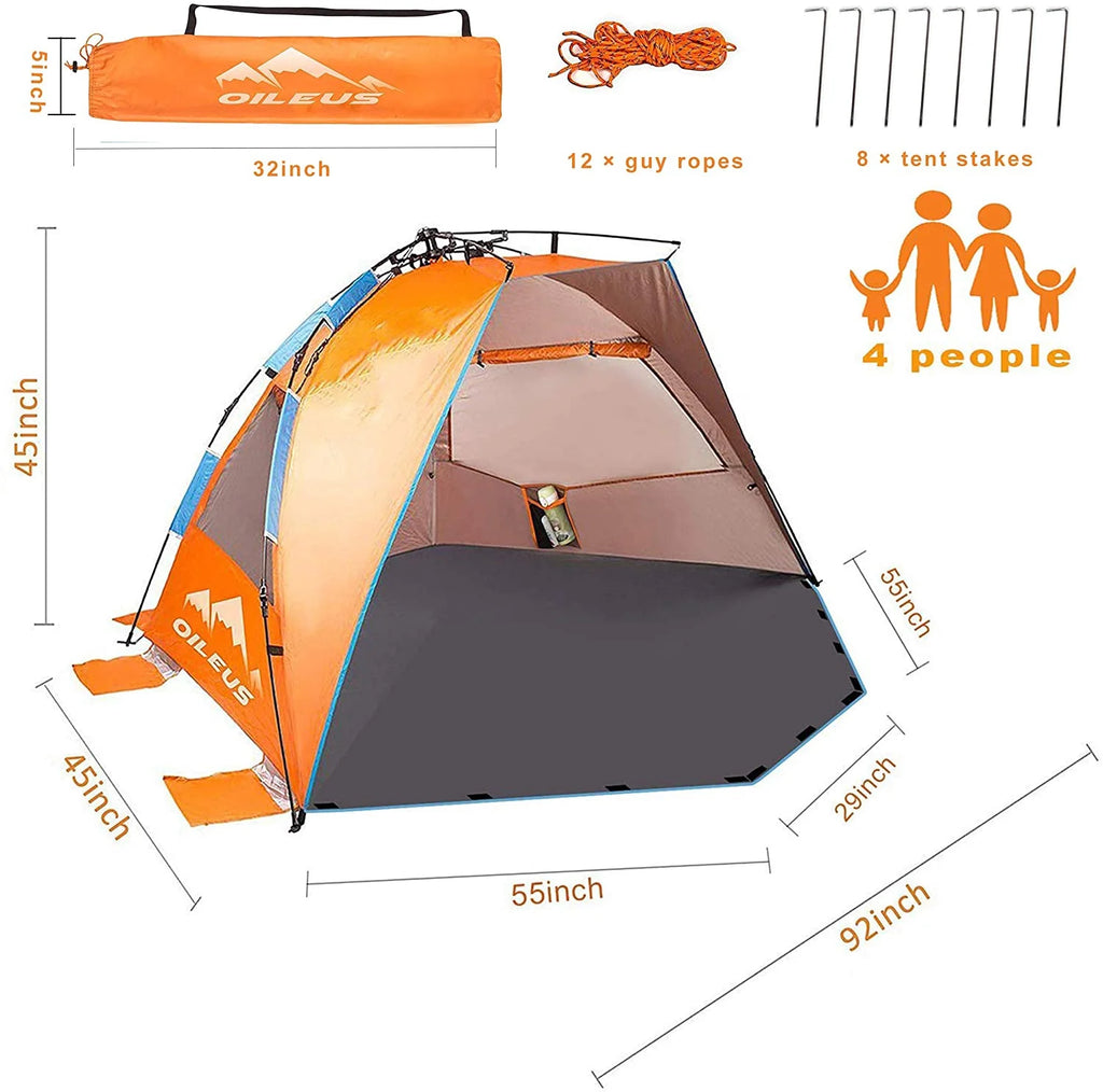 X-Large 4 Person Pop Up Beach Tent with Carry Bag, Orange E626