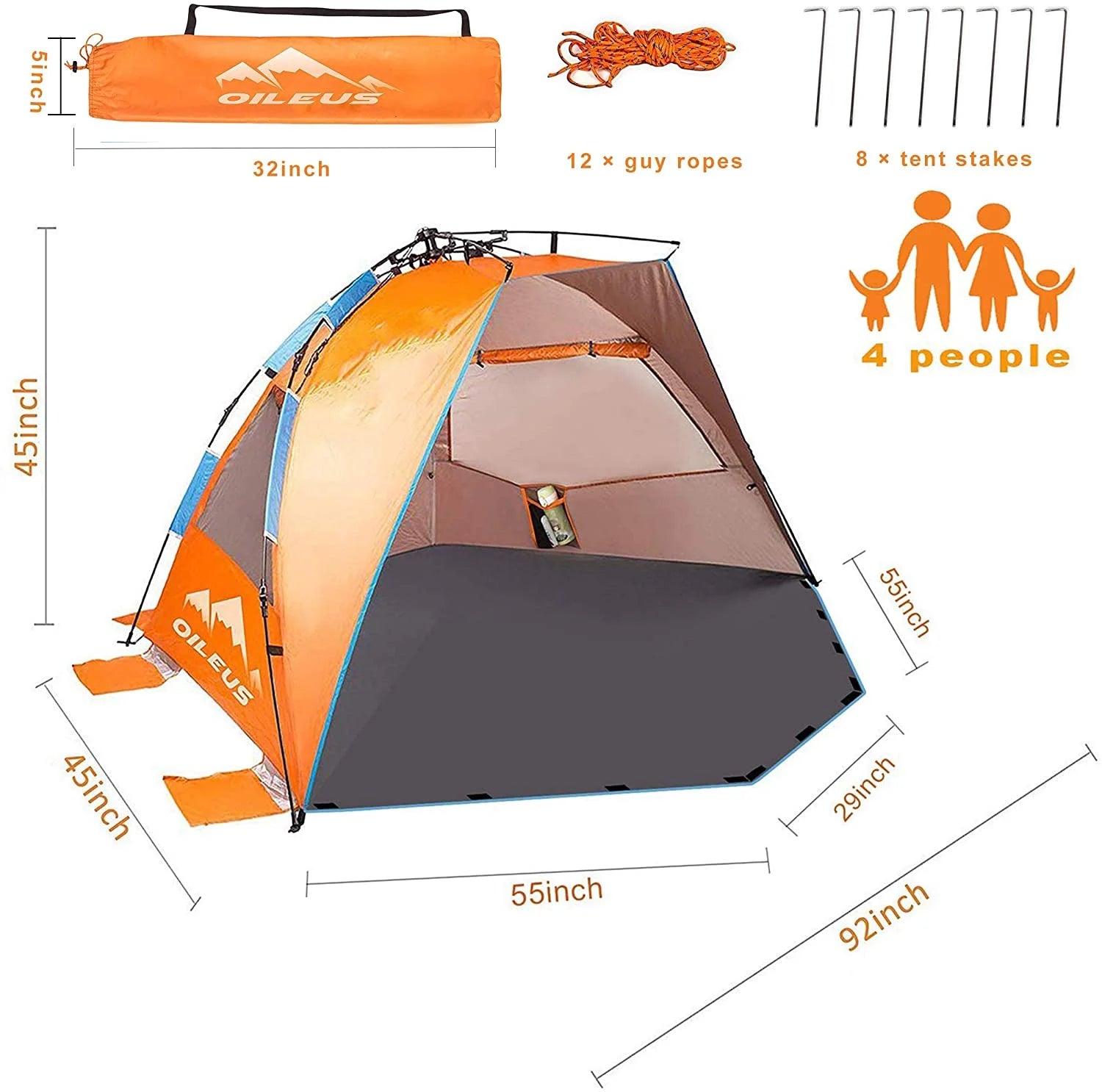 X-Large 4 Person Pop Up Beach Tent with Carry Bag, Orange E626