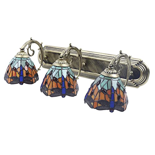 Tiffany Victorian Wall Sconce, 3-Light Vanity Light Fixtures Stained Glass Lampshade Dragonfly Over Mirror Lamp S678901