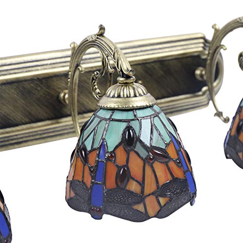 Tiffany Victorian Wall Sconce, 3-Light Vanity Light Fixtures Stained Glass Lampshade Dragonfly Over Mirror Lamp S678901