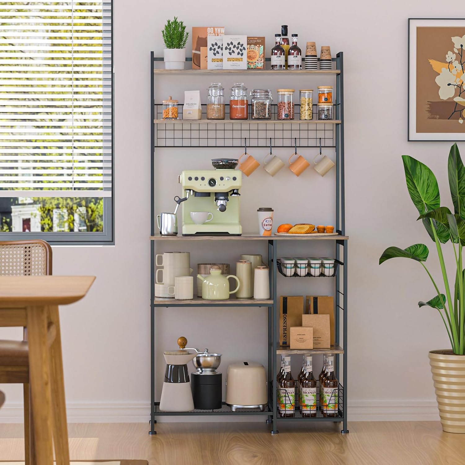 35.8" Large Farmhouse Coffee Station with 12 Hooks and Pull-Out Wire Basket, Coffee Bar Cart Table with Storage Shelves Rustic Brown G2373