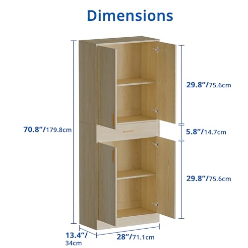 71" Tall 4 Doors Wood Freestanding Cupboard with Sliding Drawer and 2 Adjustable Shelves, Oak K5887