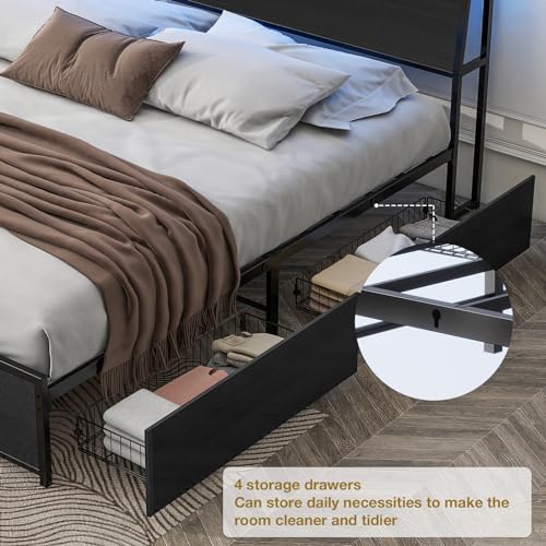 Queen Bed Frame with LED Lights, Metal Platform Bed Frame with 4 Storage Drawers, Tall Bookcase Headboard and Charging Station, Black D867