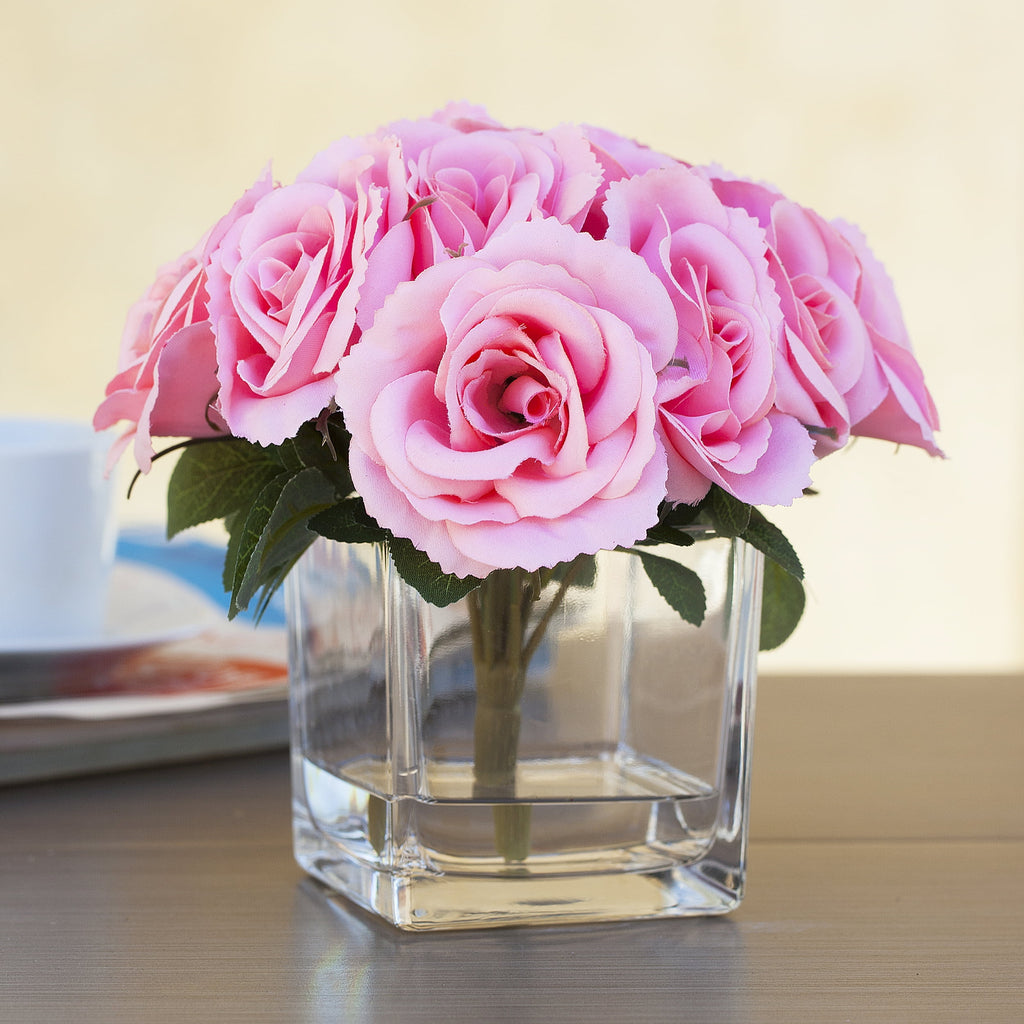 Pink Velvet Roses Artificial Flowers in Cube Glass Vase B934
