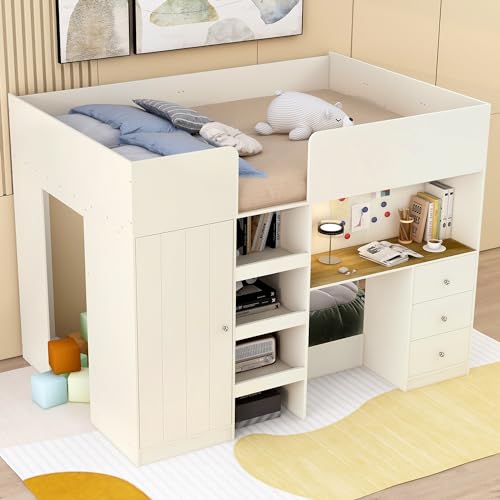 Gray Full Size Wood Loft Bed with Desk L82619