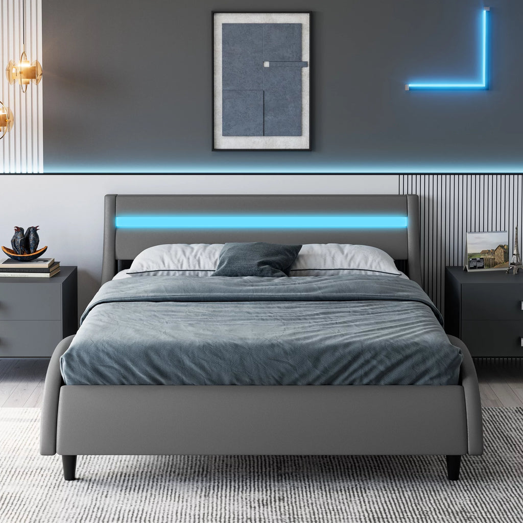 Gray Queen Size Led Bed Frame with Adjustable Upholstered Headboard H770