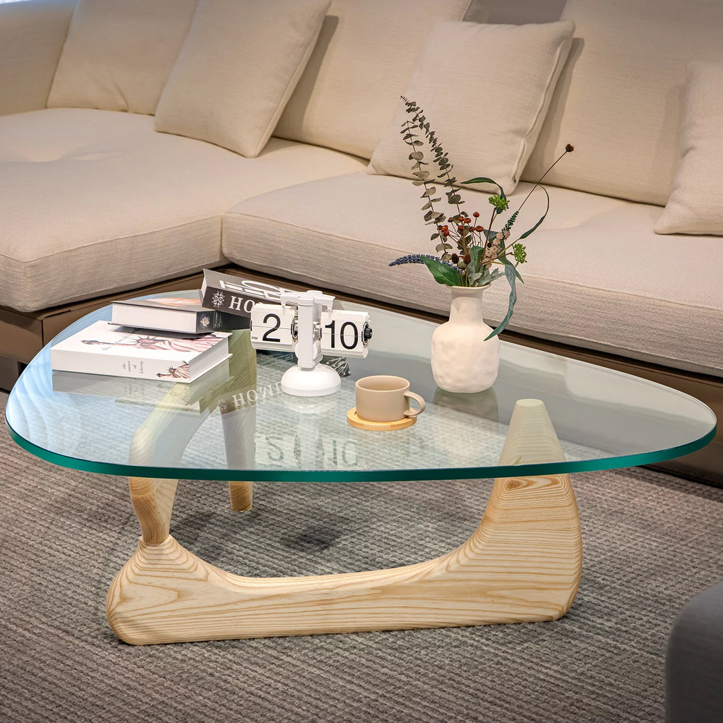 Triangle Tempered Glass Coffee Table Solid Wooden Base G393