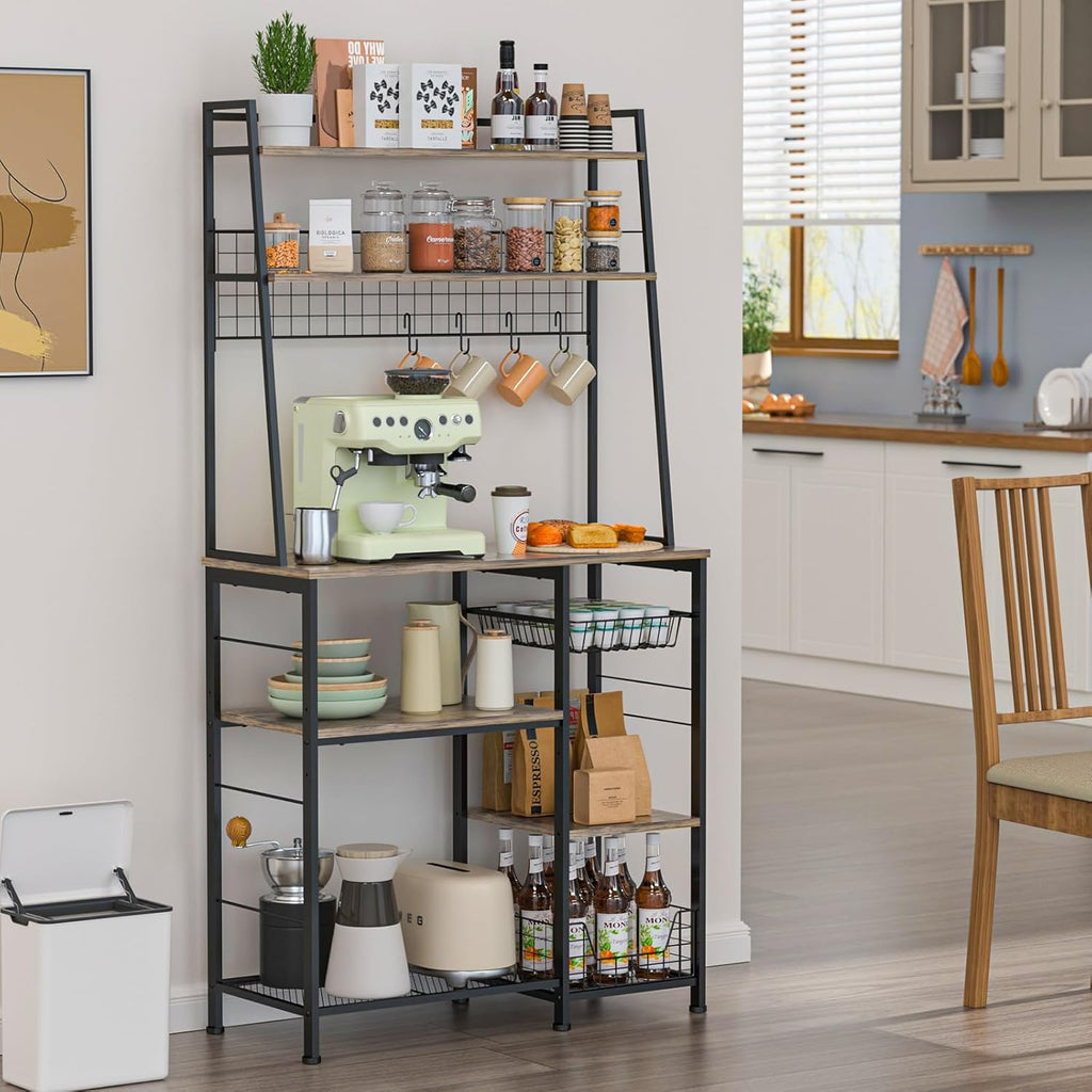 35.8" Large Farmhouse Coffee Station with 12 Hooks and Pull-Out Wire Basket, Coffee Bar Cart Table with Storage Shelves Rustic Brown G2373