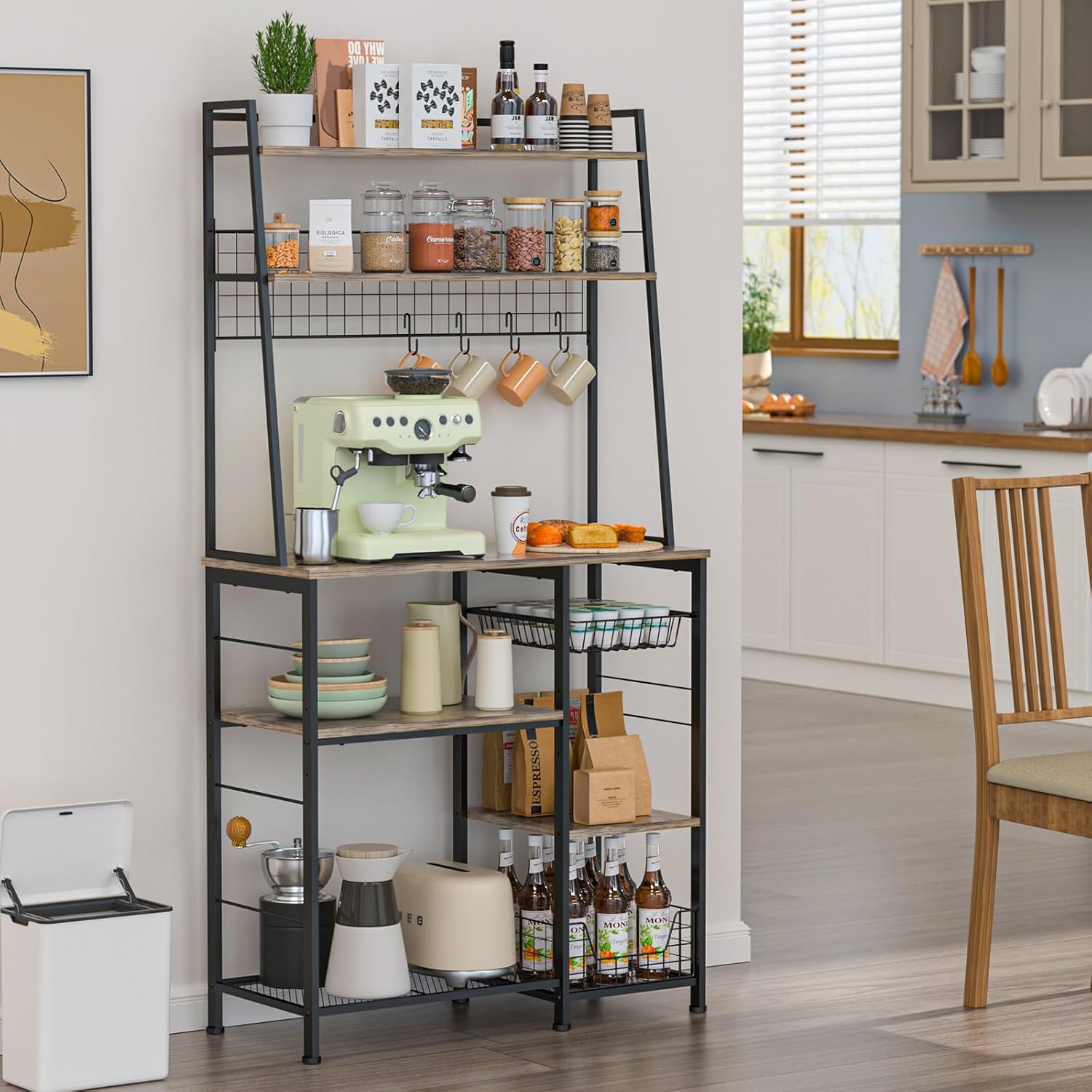 35.8" Large Farmhouse Coffee Station with 12 Hooks and Pull-Out Wire Basket, Coffee Bar Cart Table with Storage Shelves Rustic Brown G2373