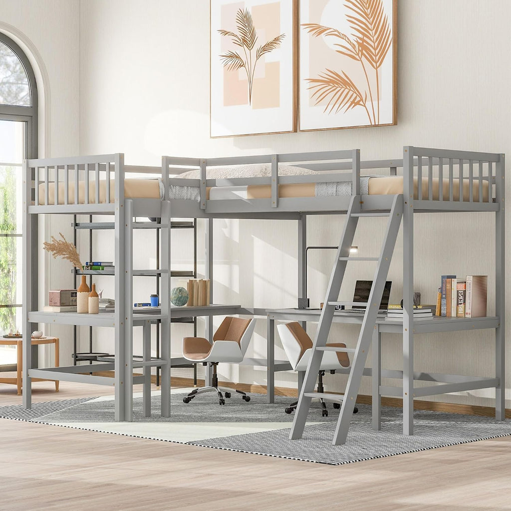 Gray Wooden L-Shaped Double Twin Size Loft Bed Frame with 2 Built-in Desks and Ladder E654