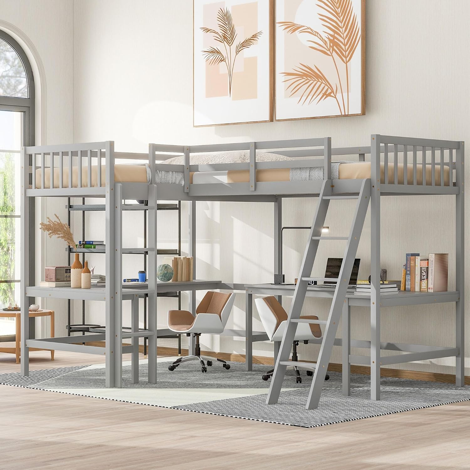 Gray Wooden L-Shaped Double Twin Size Loft Bed Frame with 2 Built-in Desks and Ladder E654