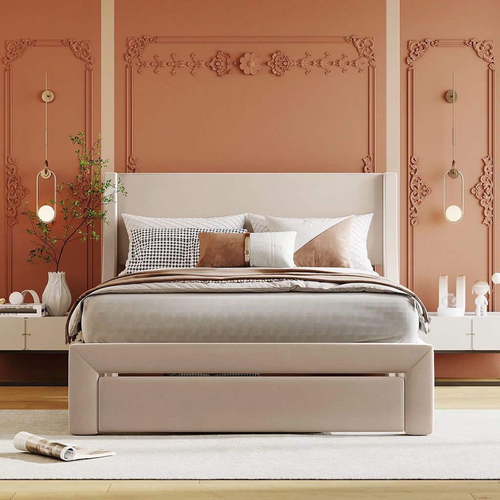 Beige Velvet Full Size Bed Frame with Storage Drawer H449846