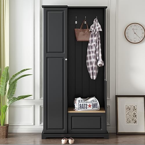 Black Hall Tree with Flip-Up Bench, Shoe Cabinet with Adjustable Shelves, Coat Rack with Hanging Hooks U283140